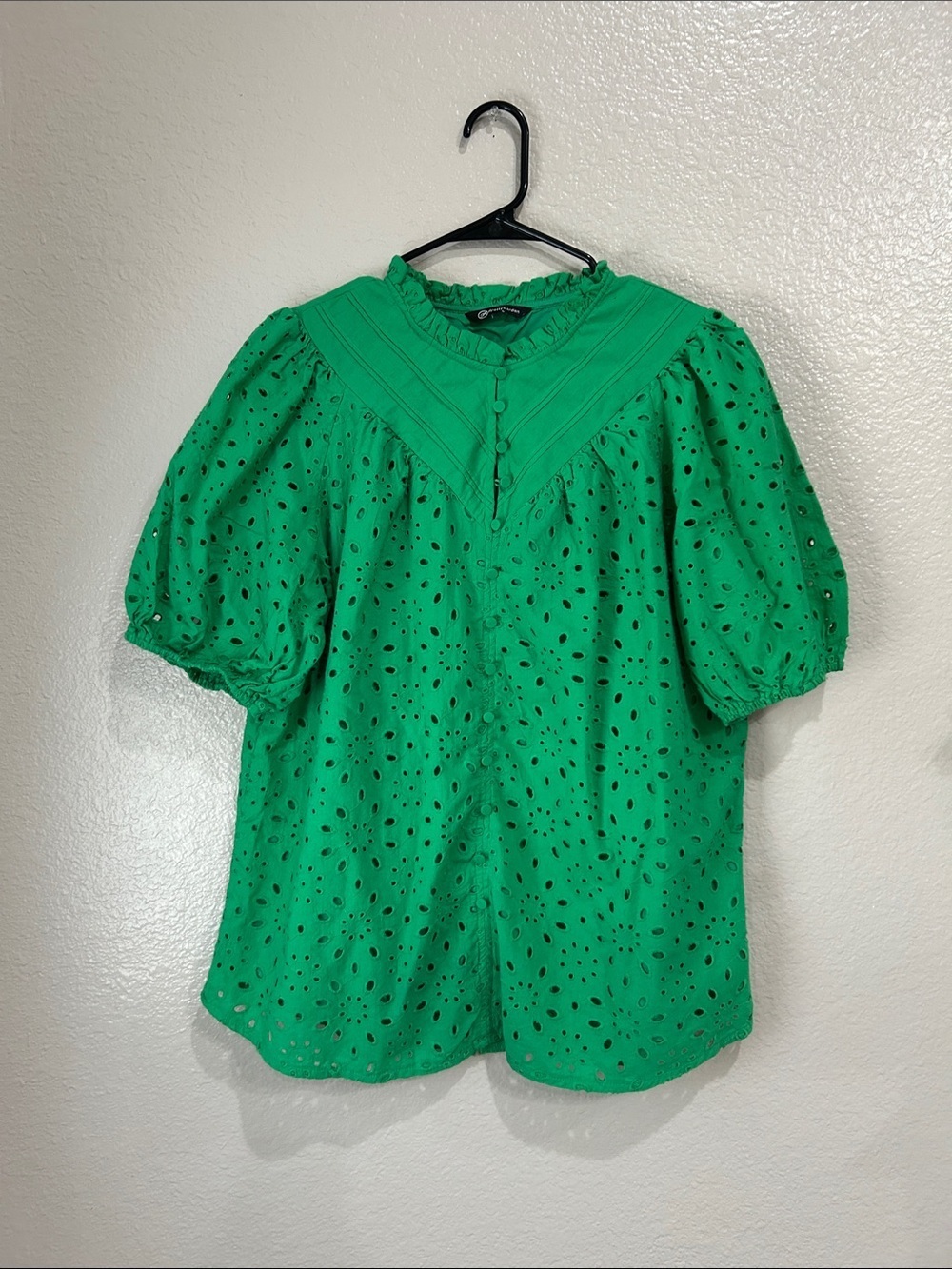 Pretty Garden Eyelet Puff Sleeve Blouse - Green  Sz L Cottage Core Boho TC0075